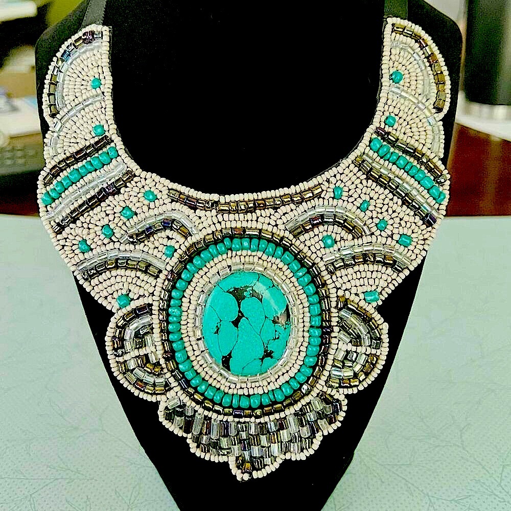 ZAD Turquoise Blue Agate Beaded Textile Bib Statement‎ Necklace NEW!!!